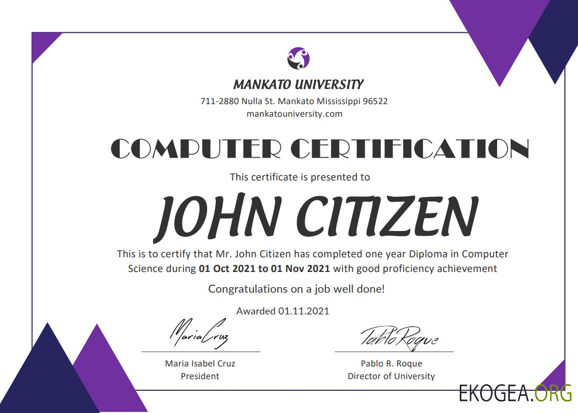 Modèle de certificat de diplôme en informatique des États Unis au format Word et PDF